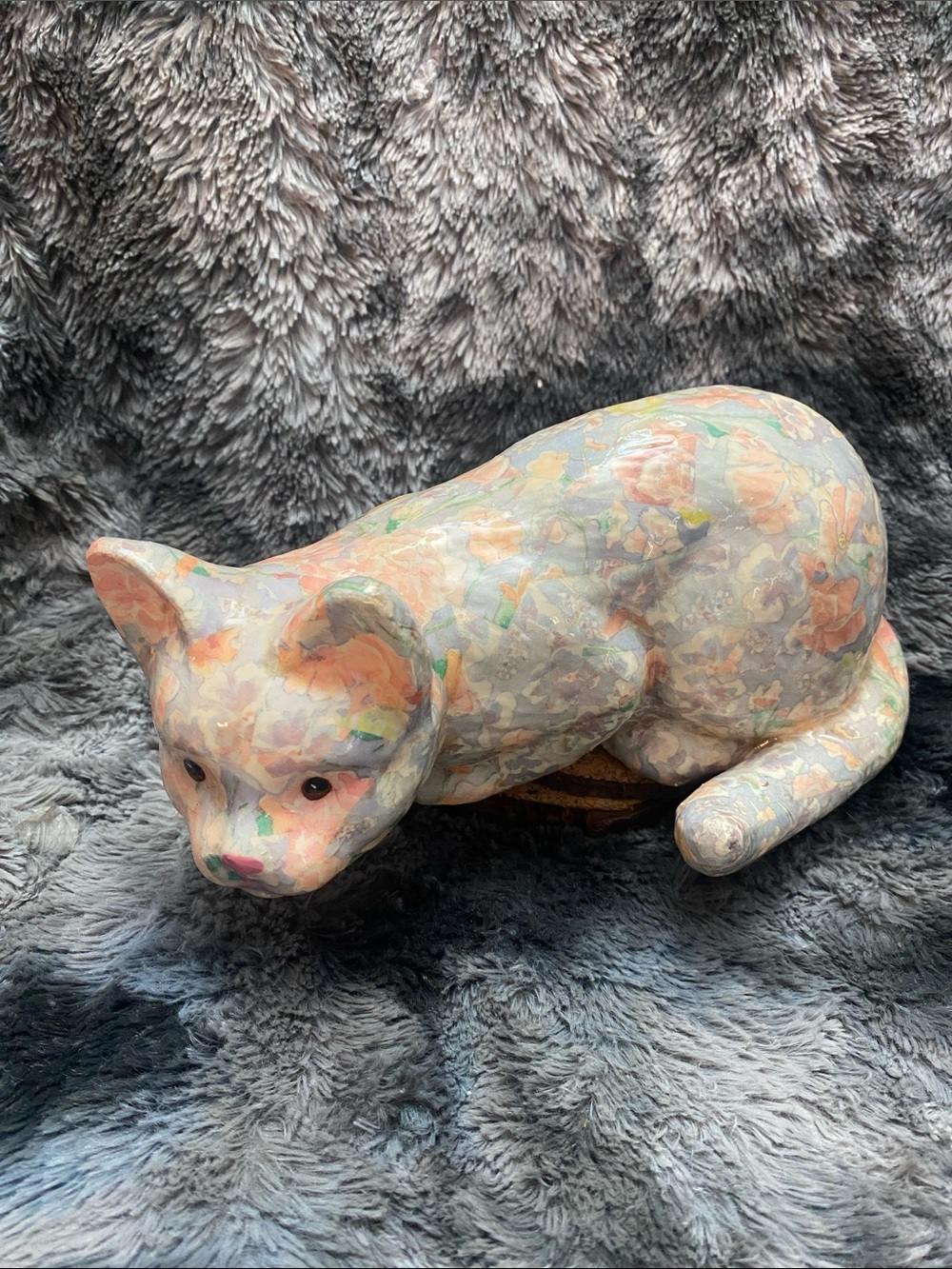 Vintage floral decoupage ceramic cat figurine